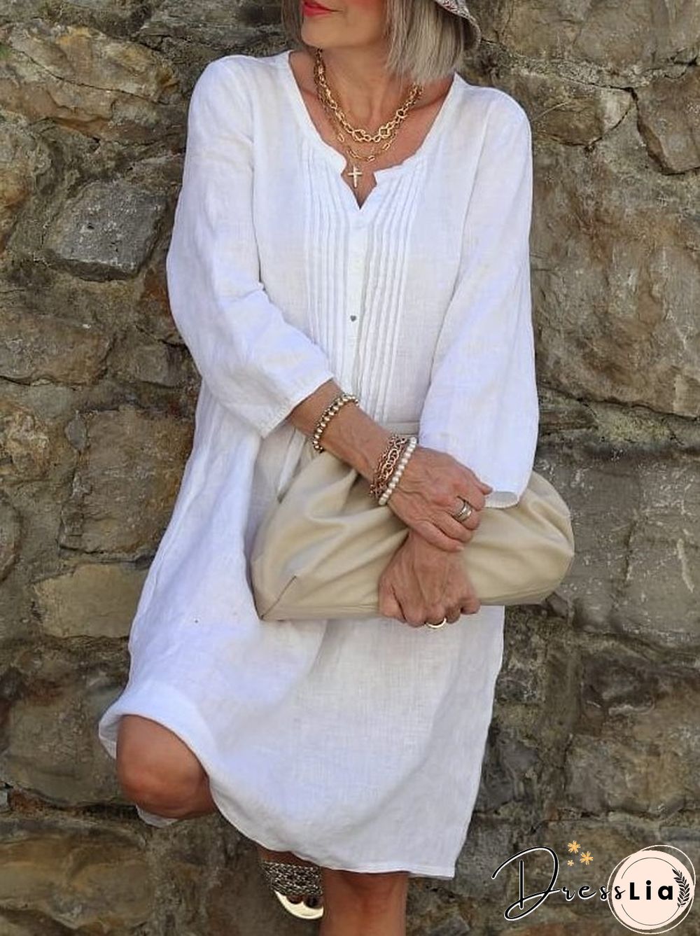 Bateau/Boat Neck Cotton Casual Weaving Dress