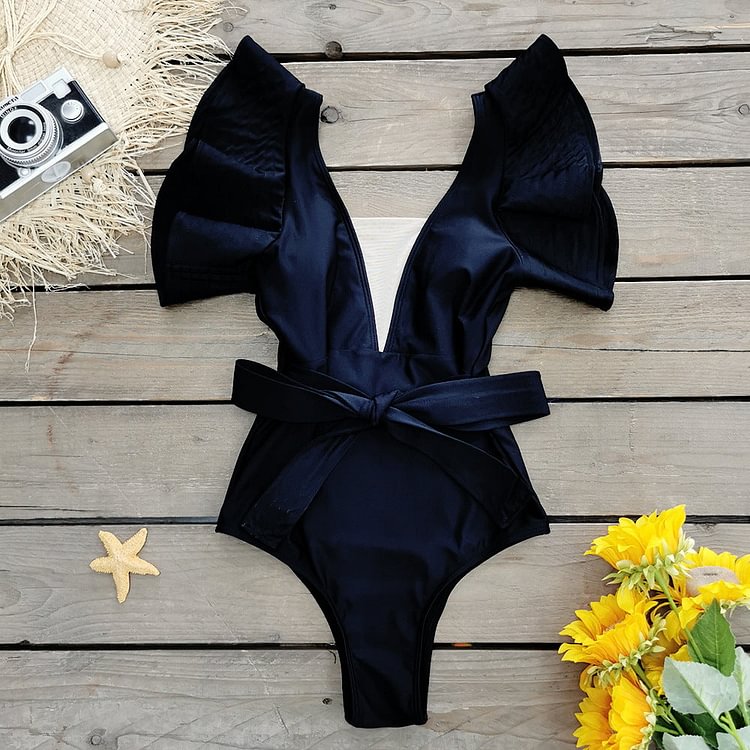 Flaxmaker Splicing Net Yarn Solid Color Black One Piece Swimsuit