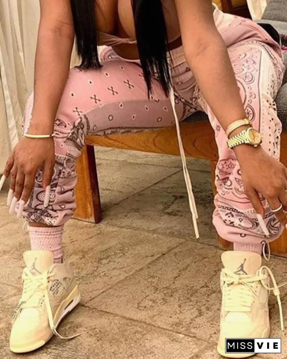 Paisley Print Drawstring Ruched Pants P13843