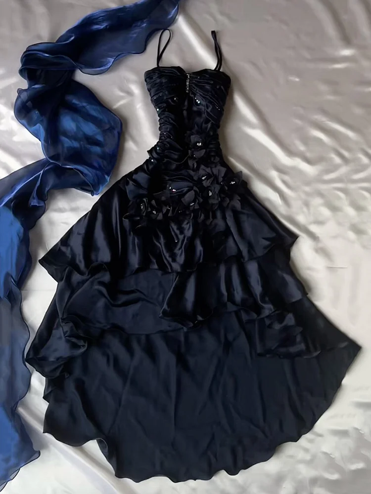 3D Flower Rhinestone Ruffled Sleeveless Spaghetti-Neck Satin Maxi Dresses Fairytale Drexss