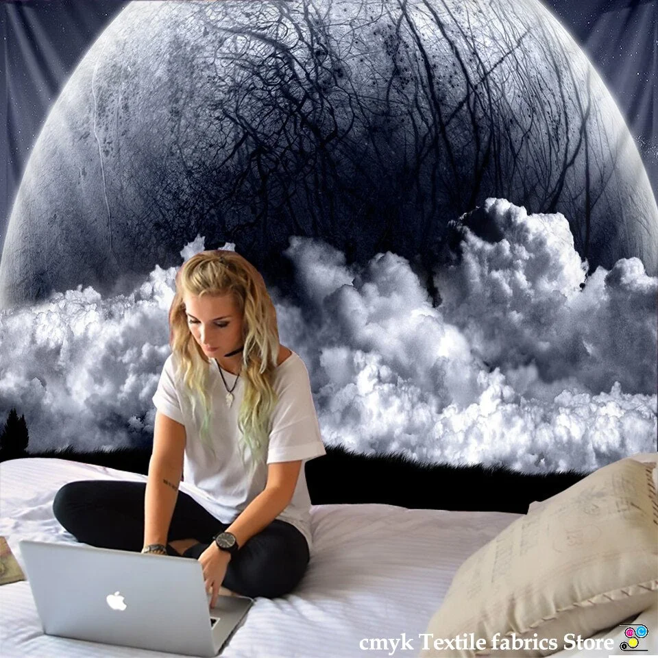 Black and White Moon Tapestry Starry Sky Printing Tapestry Wall Beach Blanket Picnic Yoga Mat Living Room Decor