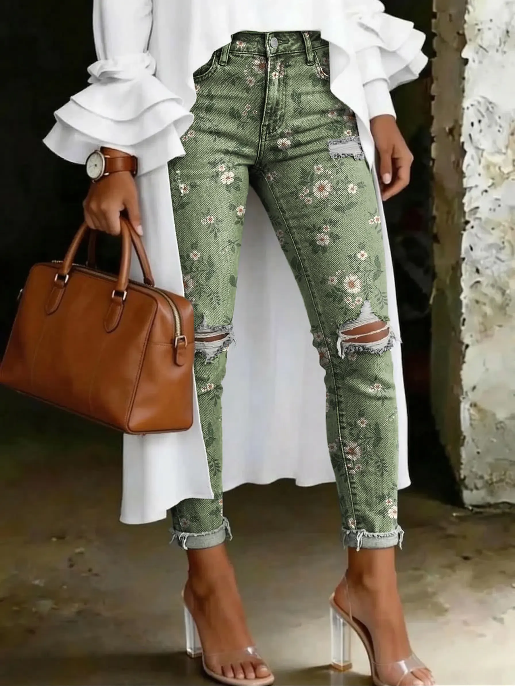 Green Floral Casual Printed Ripped Skinny Jeans