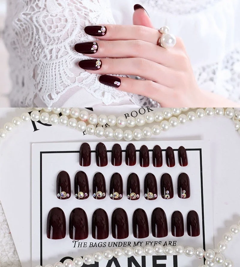 24Pcs/Set Fake Nails Press on Girls Finger Beauty False Nail Art Tips Bright Shining 3D Diamond Full Cover French Nail Art Tips-Nail Inspo