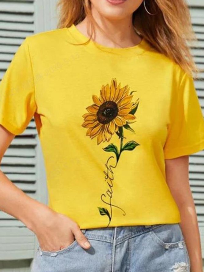 Yellow Cotton Floral Short Sleeve Shirts & Tops Zaesvini