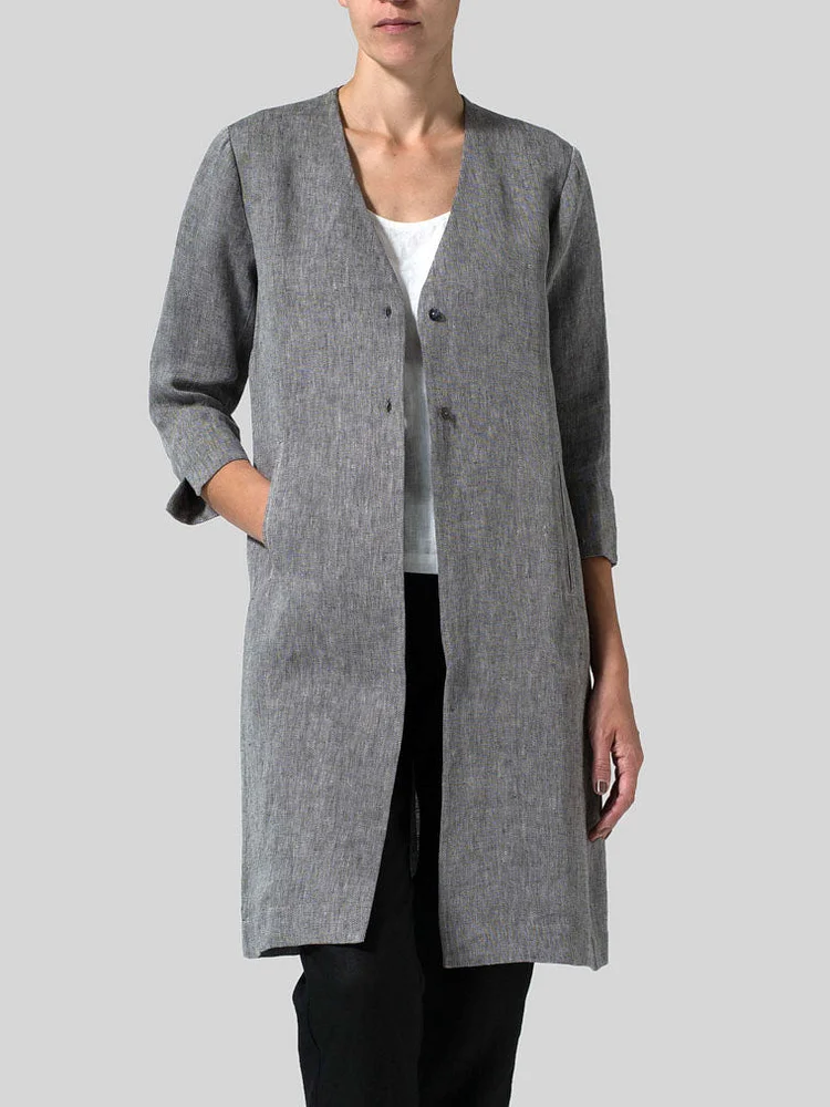 Womens Cotton Linen Straight V-Neck Long Jacket