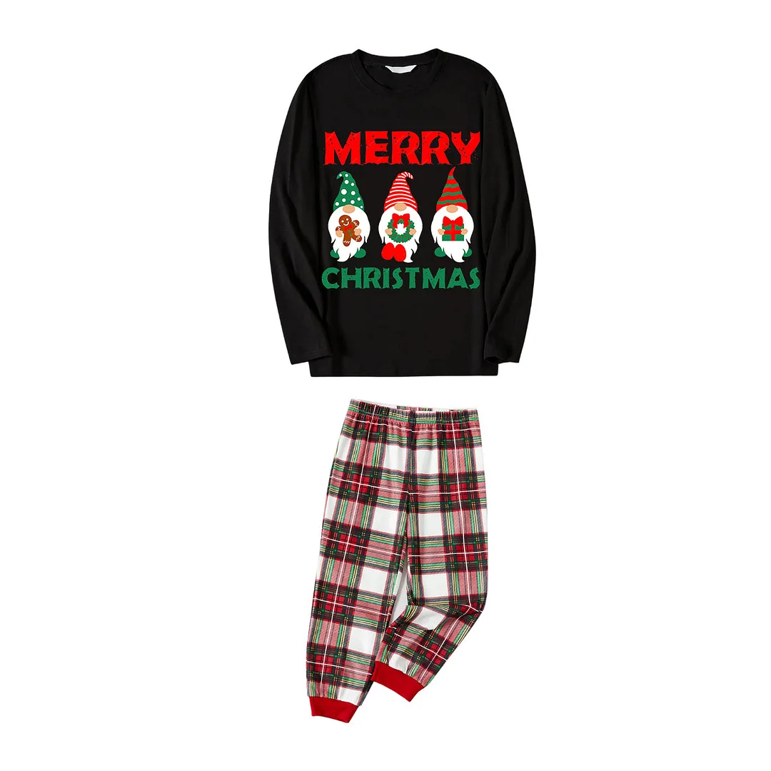 Christmas Elf Pattern Black Top with Red & White & Green Plaid Pants Family Matching Pajama