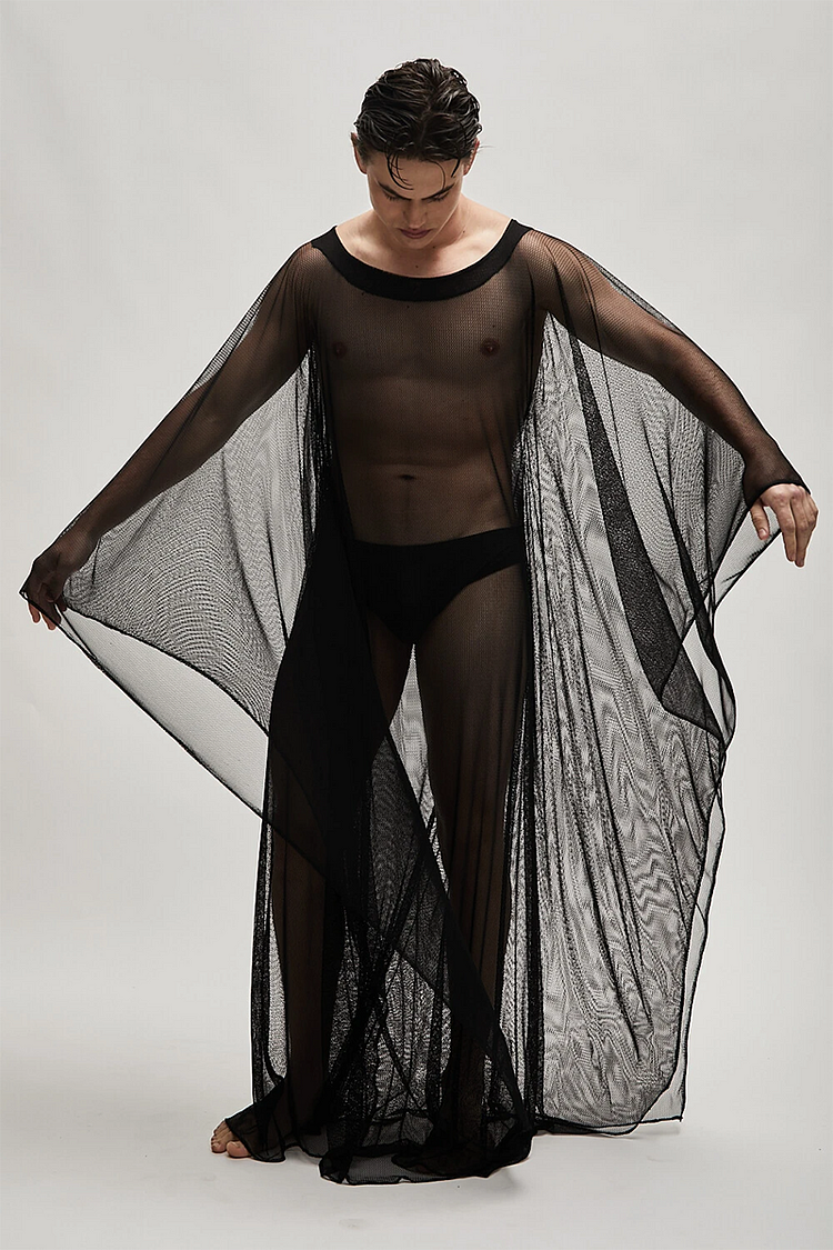 Ciciful See Through Black Mesh Caftan Cover-up Robe Dress