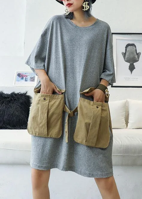 Loose patchwork big pockets Cotton clothes Women Inspiration gray Dresses summer