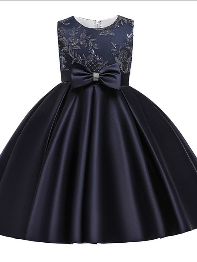 Oknass Ball Gown Sleeveless Jewel Neck Flower Girl Dresses  Polyester With Bow Appliques