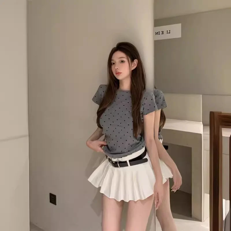 Uveng Uveng Polka Dot Round Collar Short Sleeved T Shirt Women's Wear 2024 Summer Short Slim Show Thin With Casual Student Top