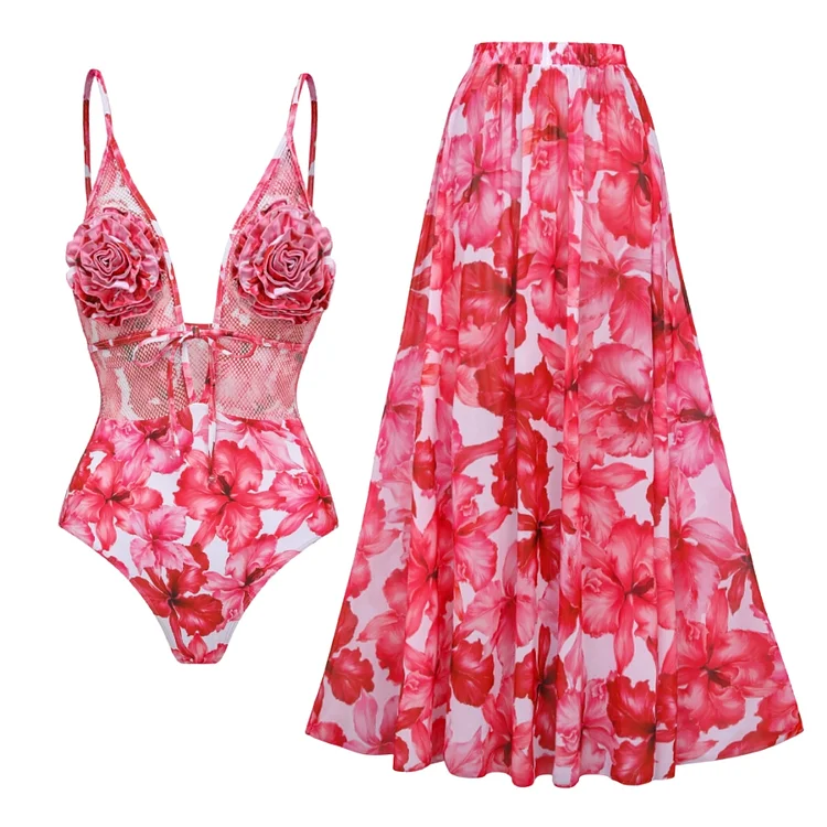 Deep V 3D Flower Decor Mesh Splicing Printed One Piece Swimsuit and Skirt