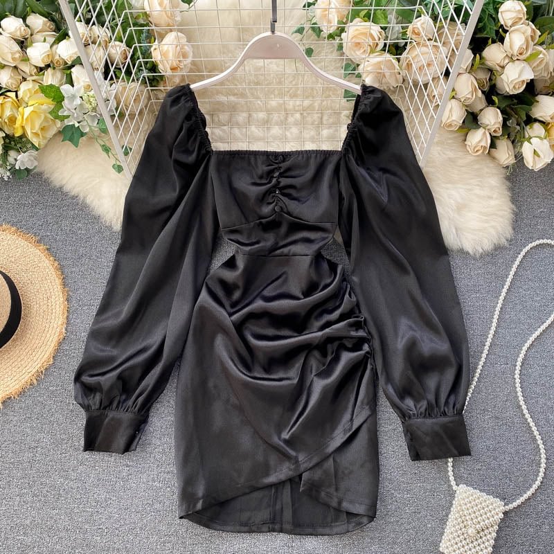 Spring Autumn Women's Satin Dress Retro Black Square Neck 2022 New Long Sleeve Mini Vestidos Female GD580