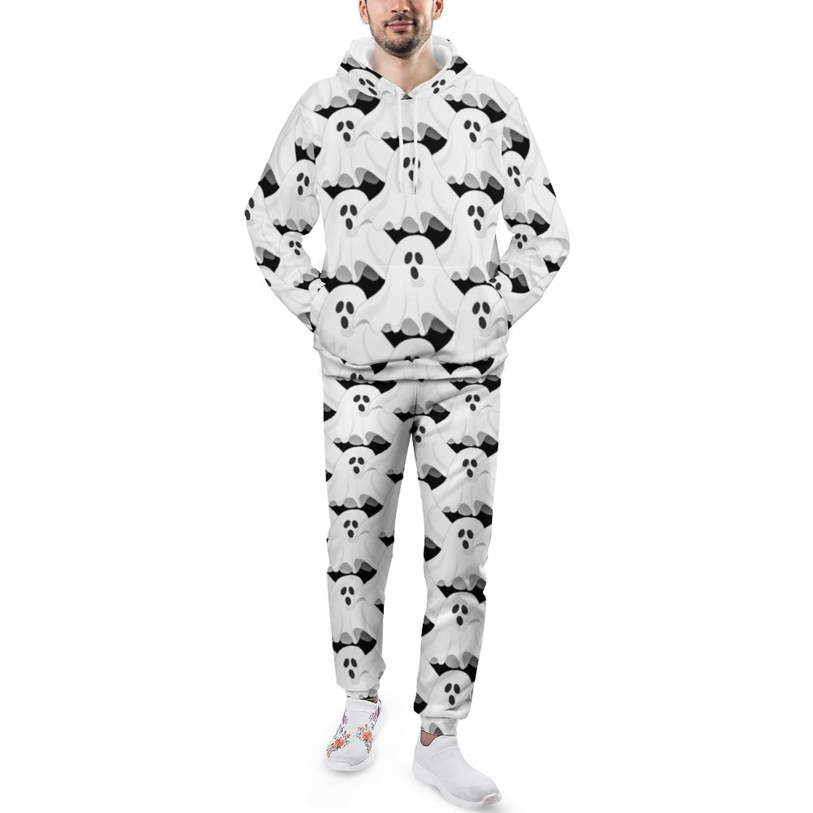 Halloween White Ghosts On Black Holiday Men's Tracksuit 2 Piece Hoodie Sweatsuit Sets Guys Casual Jogging Athletic Suits