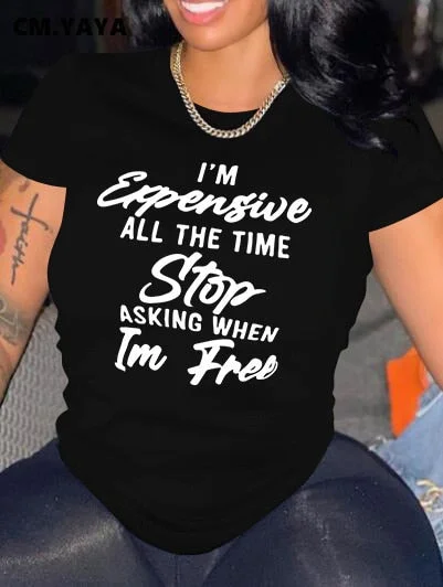 CM.YAYA Women T-shirts Letter Print Short Sleeve O-neck Stretchy T Shirt Tops Female Fashion Streetwear Casual Tees Tops Summer