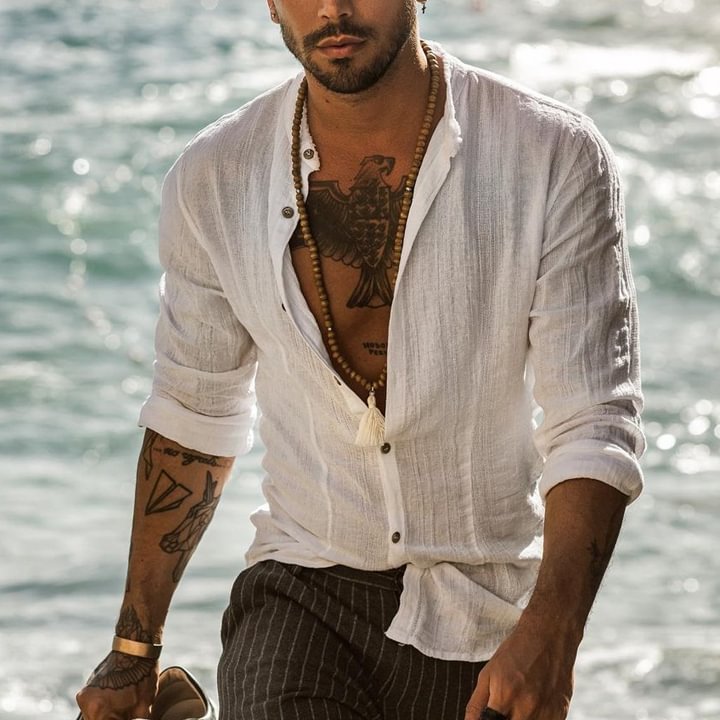 Men's Cotton And Linen Beach Casual Shirt、、URBENIE