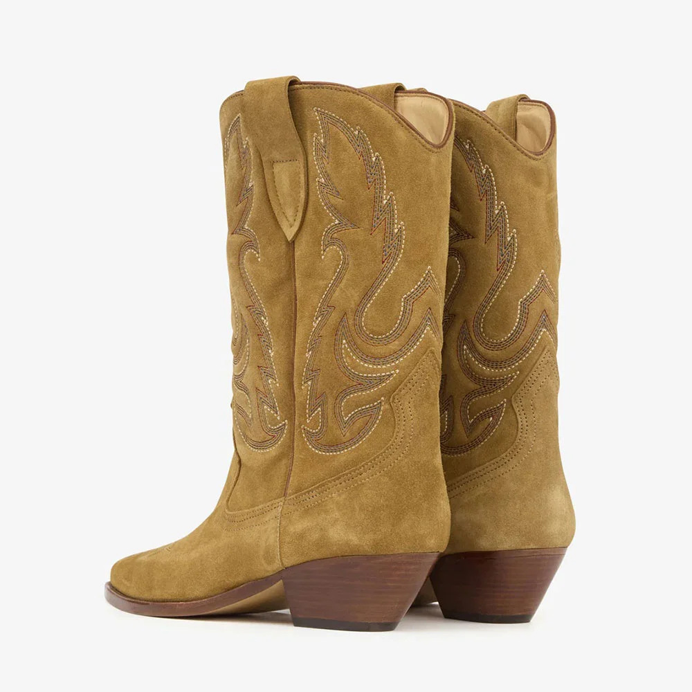 Tan Pointed Toe Chunky Heel Cowgirl Boots with Embroidered