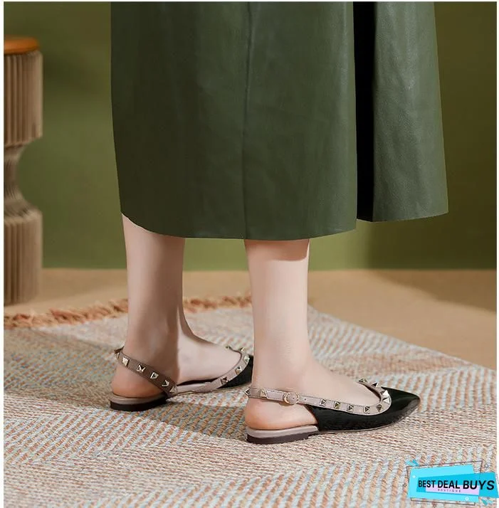 Pointed-toe Solid Color Splicing Studded Buckle Flat Sandals