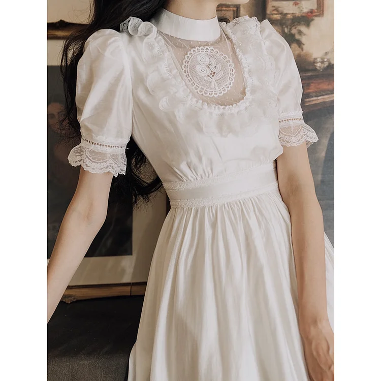 Fairy Tales Aesthetic Short Sleeved Vintage White Princess Dress QueenFunky
