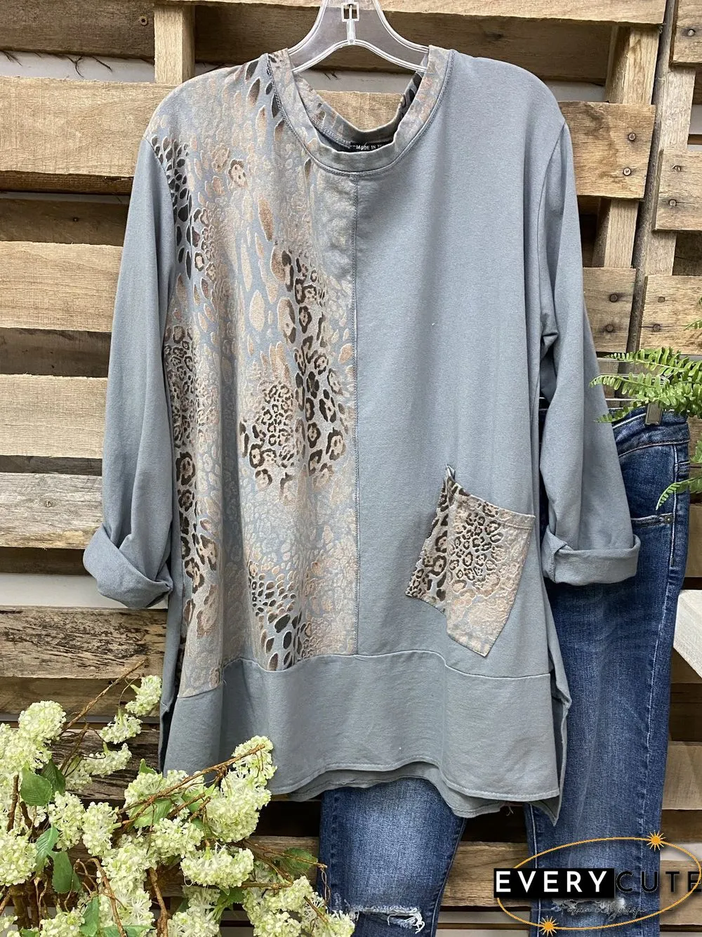 Long Sleeve Cotton-Blend Shift Leopard Shirts & Tops