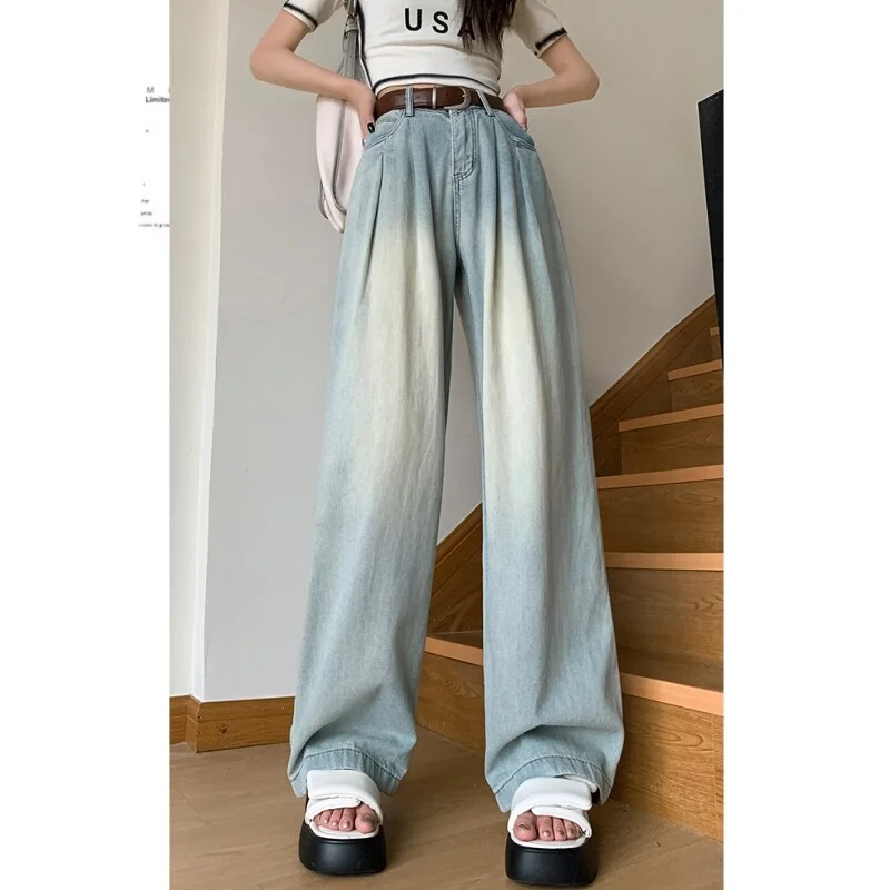 Light blue jeans women fashion Y2K style high waist American wide leg pants streetwear female pants autumn straight trousers