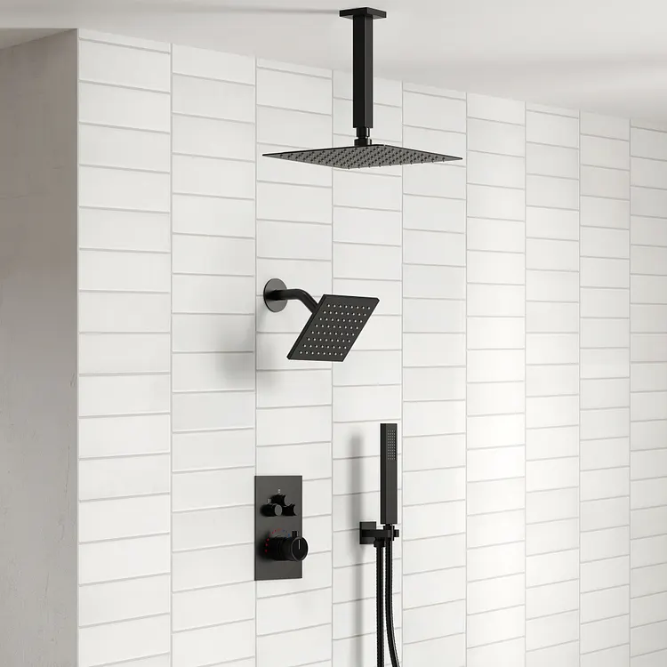 SR SUN RISE 10-Inch Matte Black Ceiling Mounted Shower System – Complete With Rough-In Valve Body, Trim, And Rain Shower Head