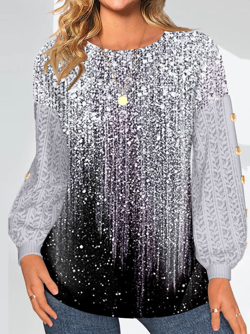 Women Long Sleeve Scoop Neck Polka Dot Printed Graphic Button Lace Tops