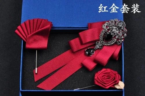 High-quality Fashion Handmade Red Diamond Bow Tie Wedding Collar Bowtie Brooch Pocket Towel Square Set Gifts for Men Accessories
