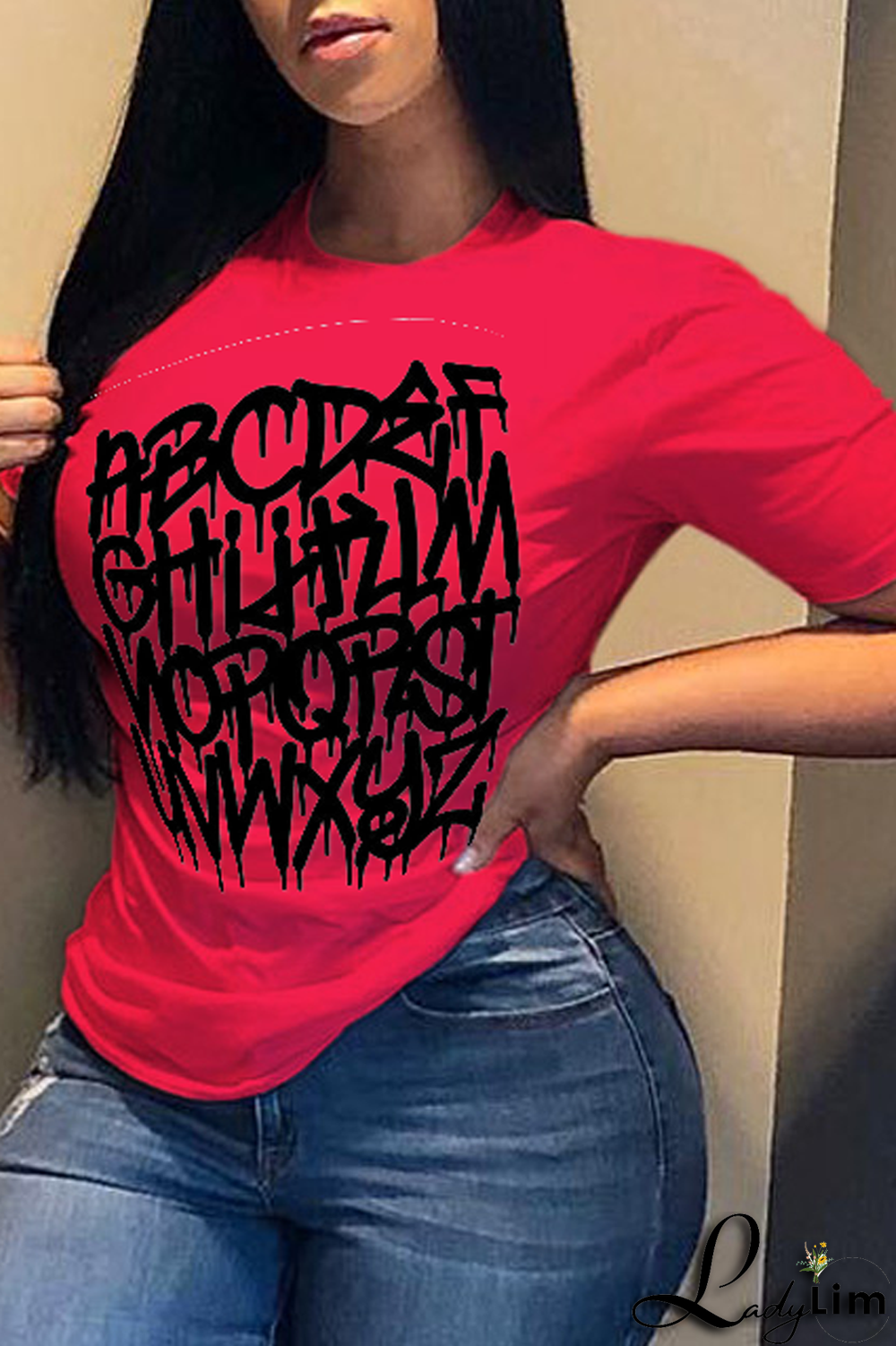 Navy Blue Fashion Street Print Split Joint Letter O Neck T-Shirts