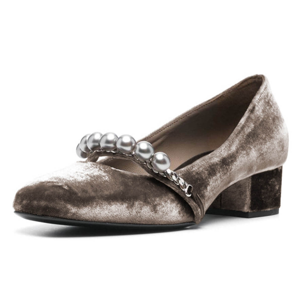Retro Brown Velvet Round Toe Pearl Strap Low Block Heel Pumps Nicepairs