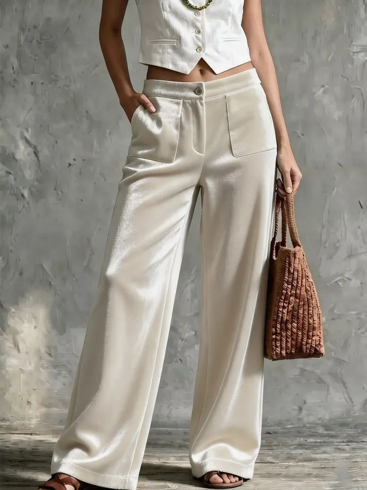 High Waist Patch Pocket Glossy Loose Flowy Trousers