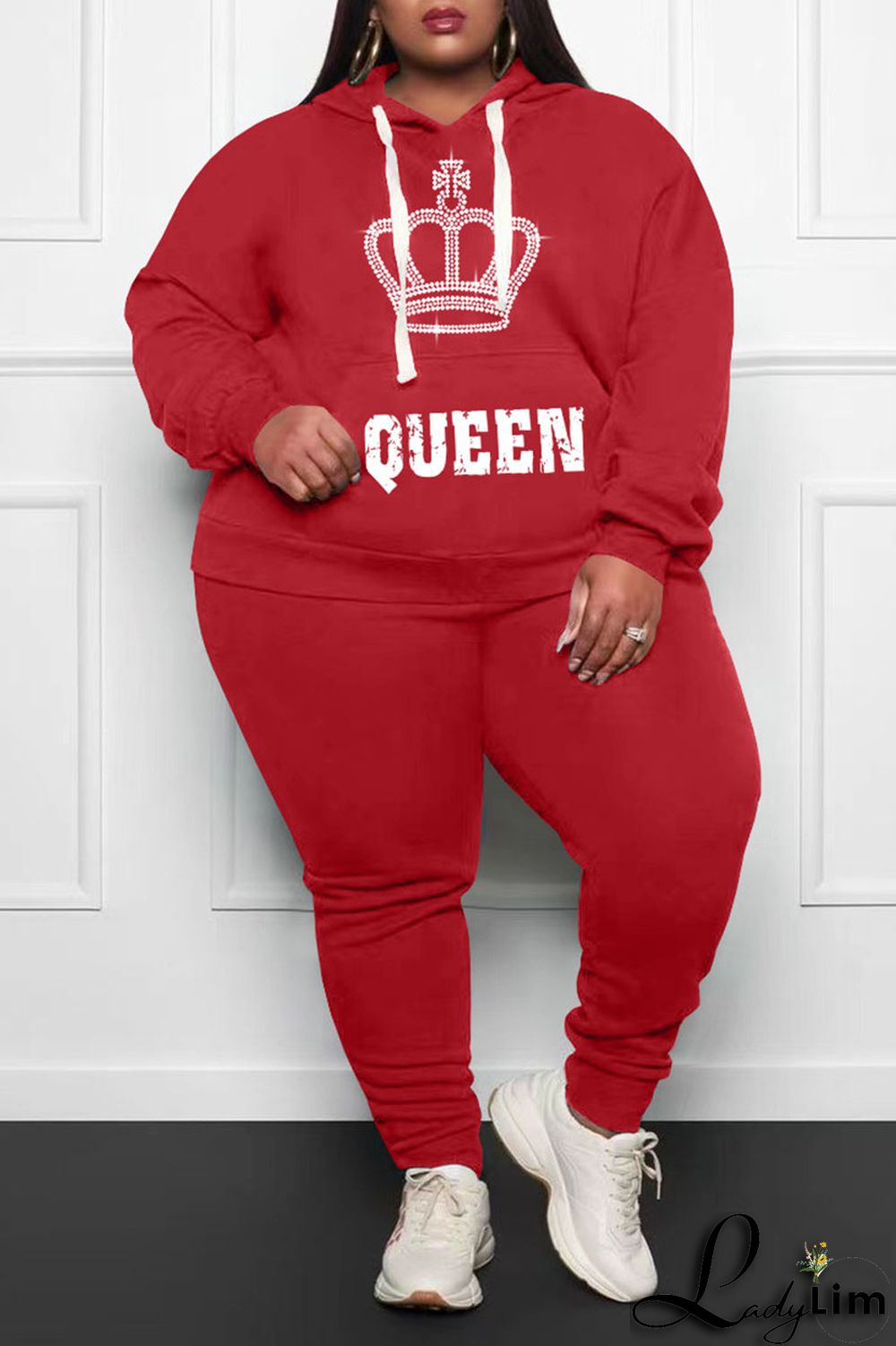 Pink Casual Print Patchwork Hooded Collar Plus Size Two Pieces