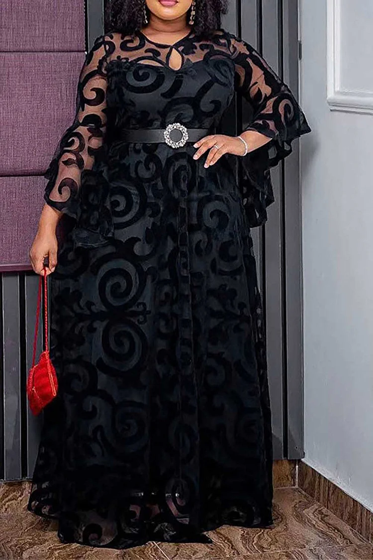 Plus Size Formal Dress Black Print See Through Trumpet Sleeve Maxi Dress [Pre-Order]