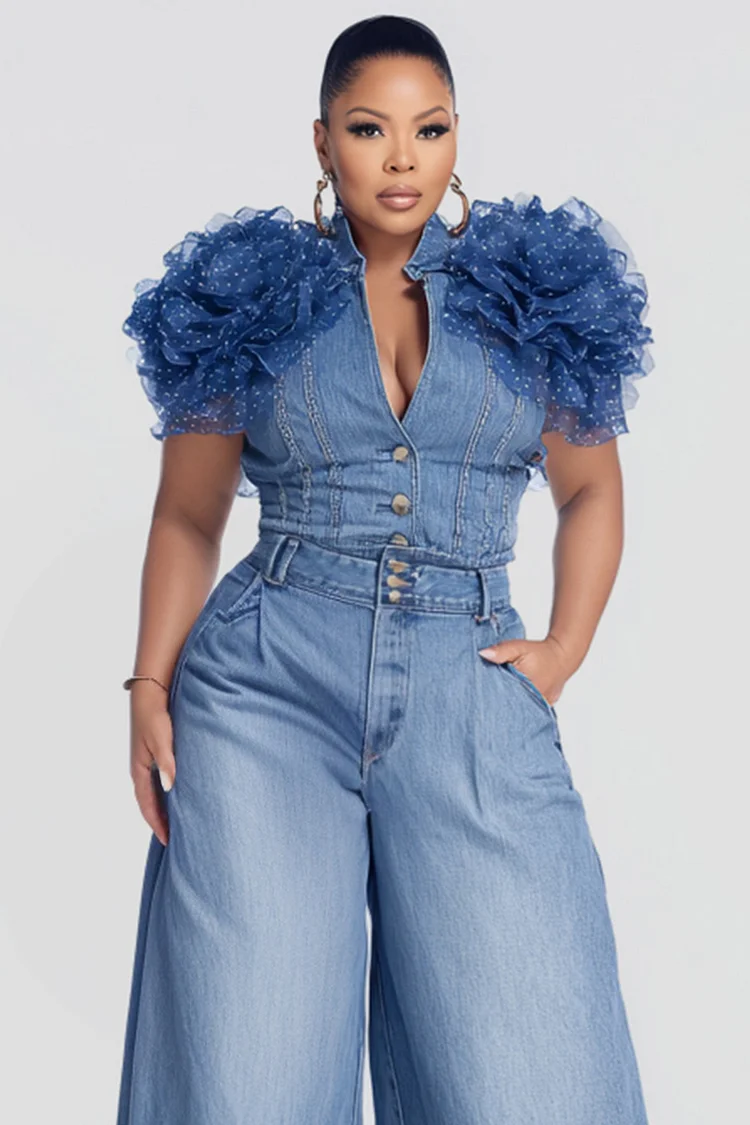 Xpluswear Design Plus Size Business Casual Blue 3D Casual Pocket Denim Two Piece Pant Sets [Pre-Order]