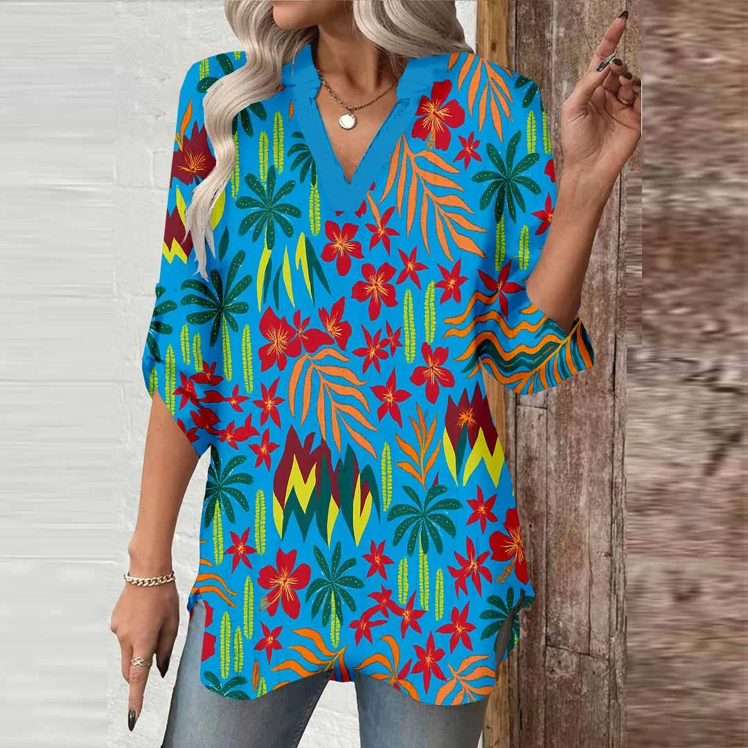 Women Flowers, Blue, Red DZGA0368 3/4 Sleeve V-neck Printed Graphic Button Tops