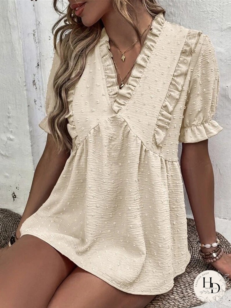 Blouses Jacquard V-Neck Ruffle Short Sleeve Blouse for Women
