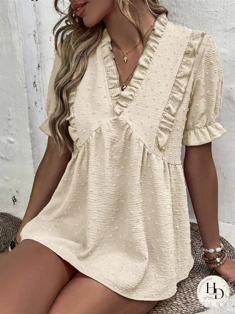 Blouses Jacquard V-Neck Ruffle Short Sleeve Blouse for Women