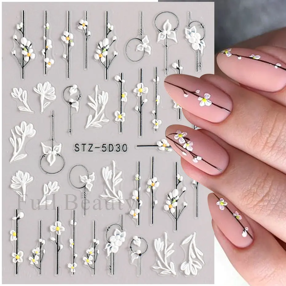 Bonusbad 5D Purple Flower Nail Embossed Sticker Rose Blossom Floral Love Heart Adhesive Decal Valentine's Manicure Slider DIY Accessories