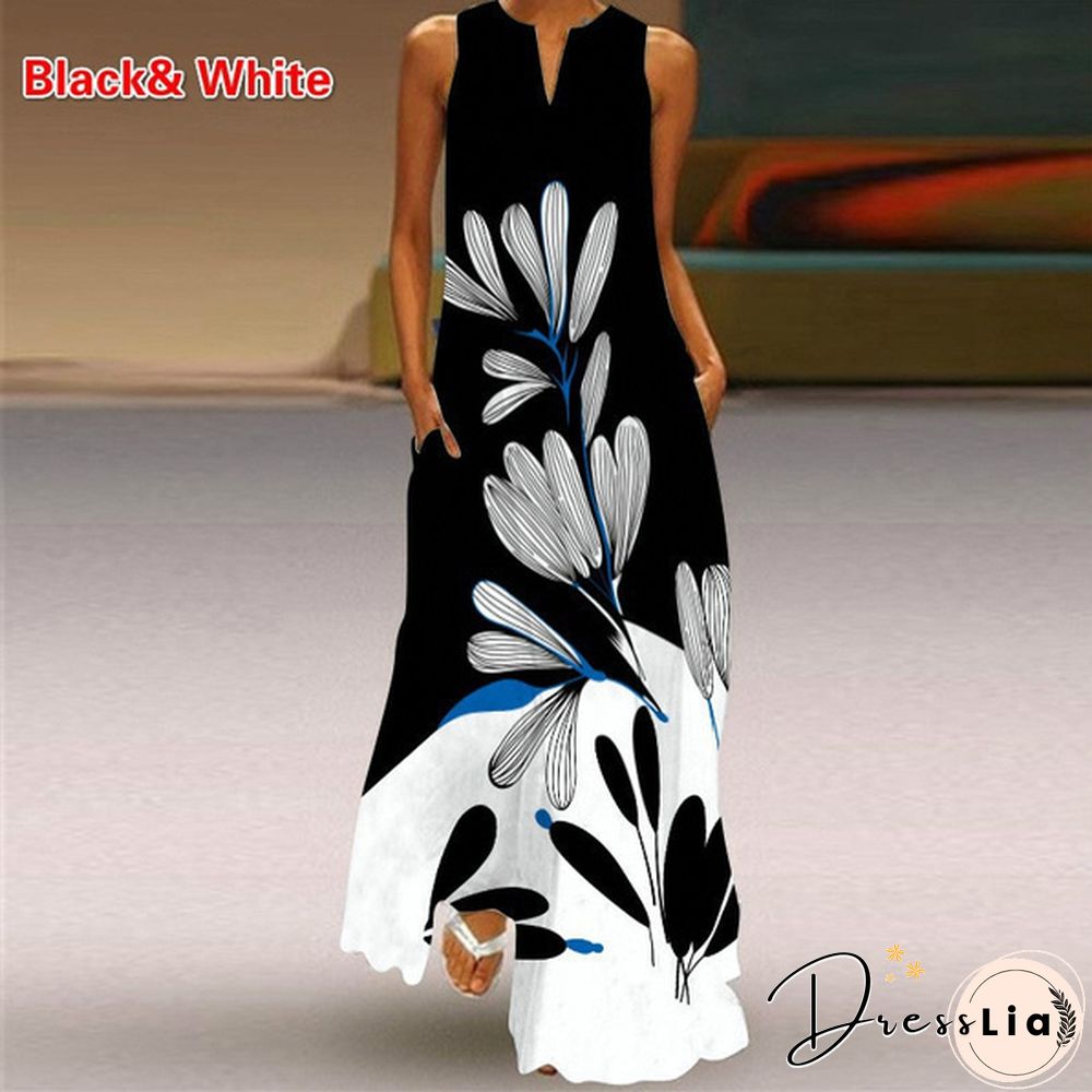 Butterfly Print Loose Beach Maxi Dress Summer Womens Fashion Sleeveless V-neck Boho Dress