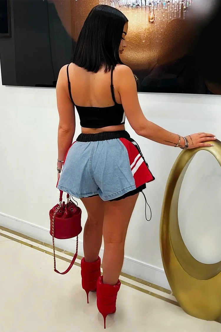 Letter Print Curved Hem Cami Denim Patchwork Shorts 2pcs Set-Blue [Pre Order]