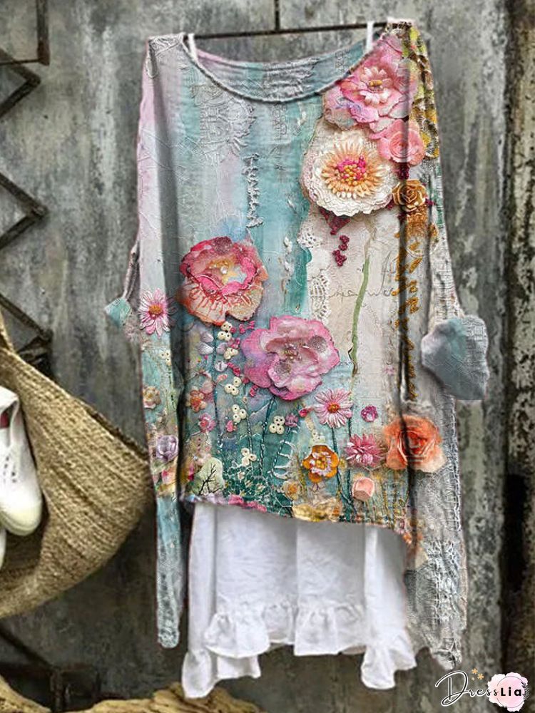 Summer Printed Cotton And Linen Two-piece Blouse