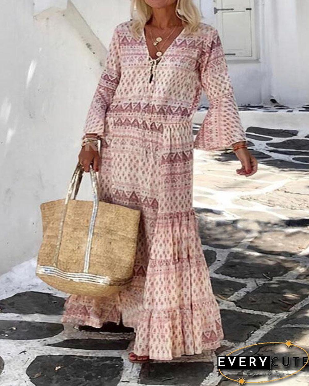 Bohemian Holiday Ruffle Printed Flare Sleeve Lace up Maxi Dress