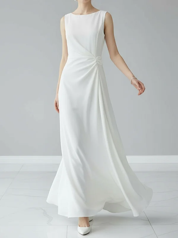 Sleeveless Gauze Pleated Solid Color Split-Joint Round-Neck Evening Dresses Maxi Dresses