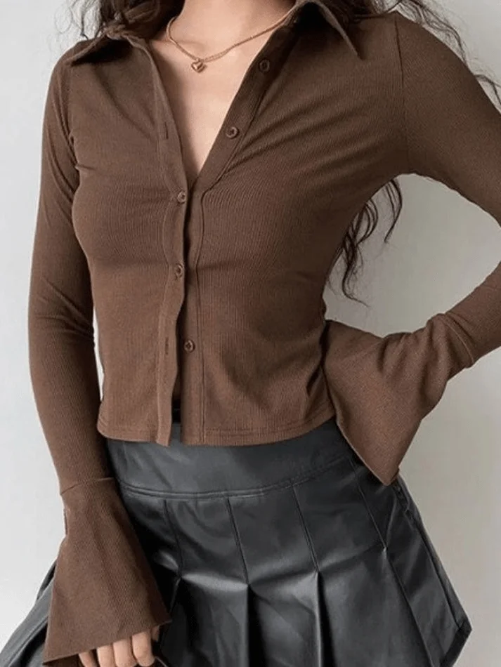 Brownm vintage polo collar long sleeve rib blouse