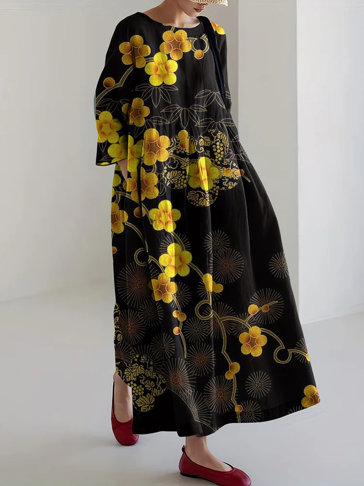 Japanese Art Flower Print Long Sleeve Casual Midi Dress