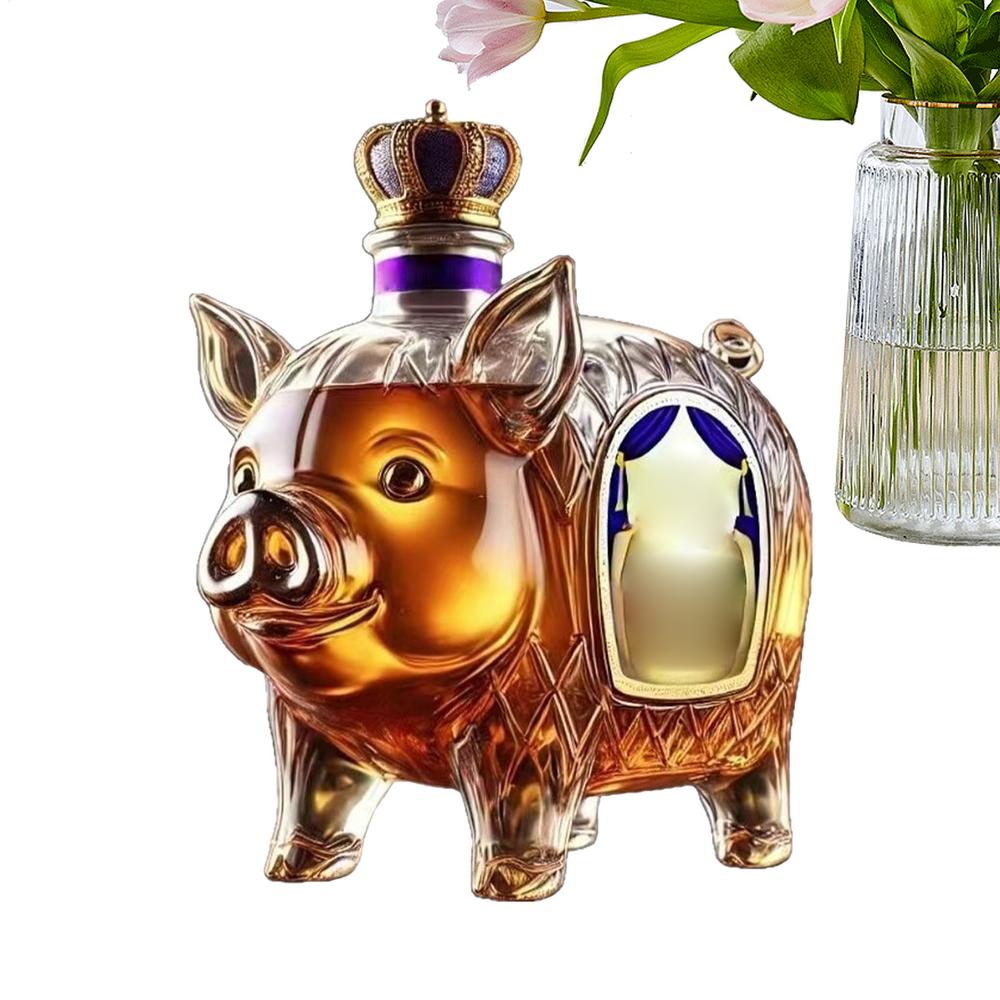 Tegooe Luxury Pig Decanter with Crown Stopper Novelty Glass Liquor Dispenser for Whiskey