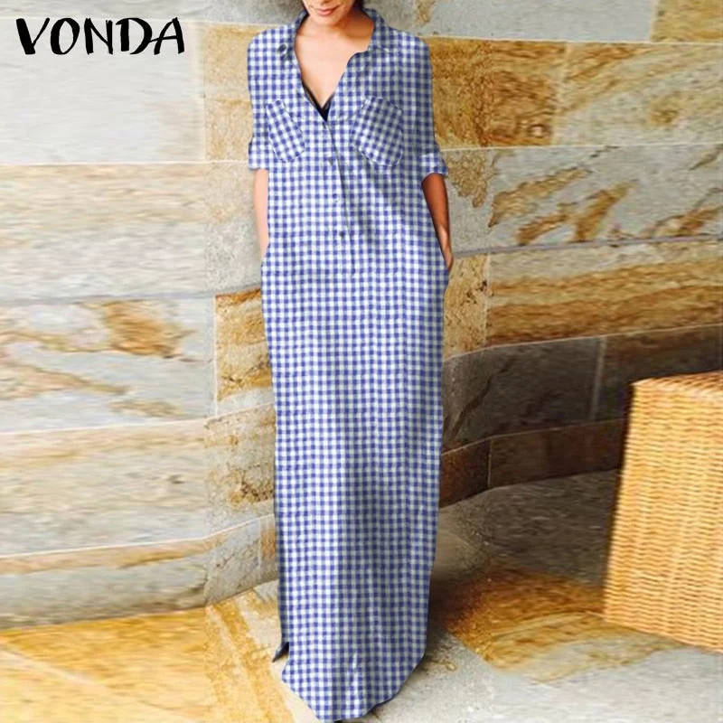 Demin Sundress 2022 Women Casual Turn Down Neck Long Sleeve Solid Dresses VONDA Loose Beach Sundress Bohemian Party Vestidos
