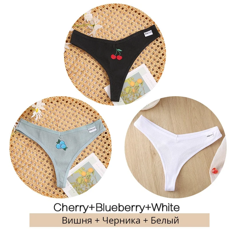 FINETOO Fruit Embroidery Thongs Women Cotton T-back Underpants M-XL Ladies G-string Sexy V Waist Underwear Bikini Panty Lingerie