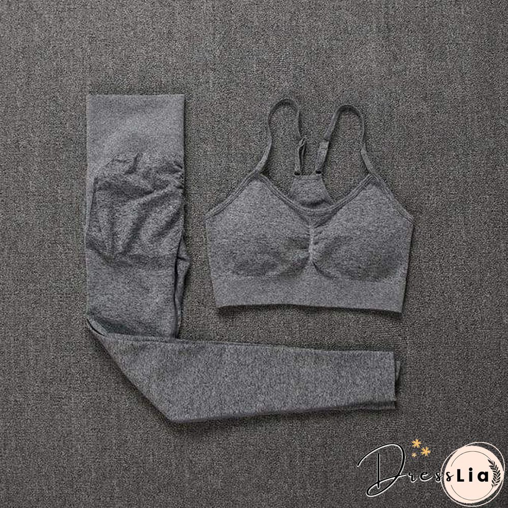 Solid Seamless Gym Two Piece Set Women High Stretchy Tracksuit Women Sports High Waist Leggings Workout Pants Sets Women