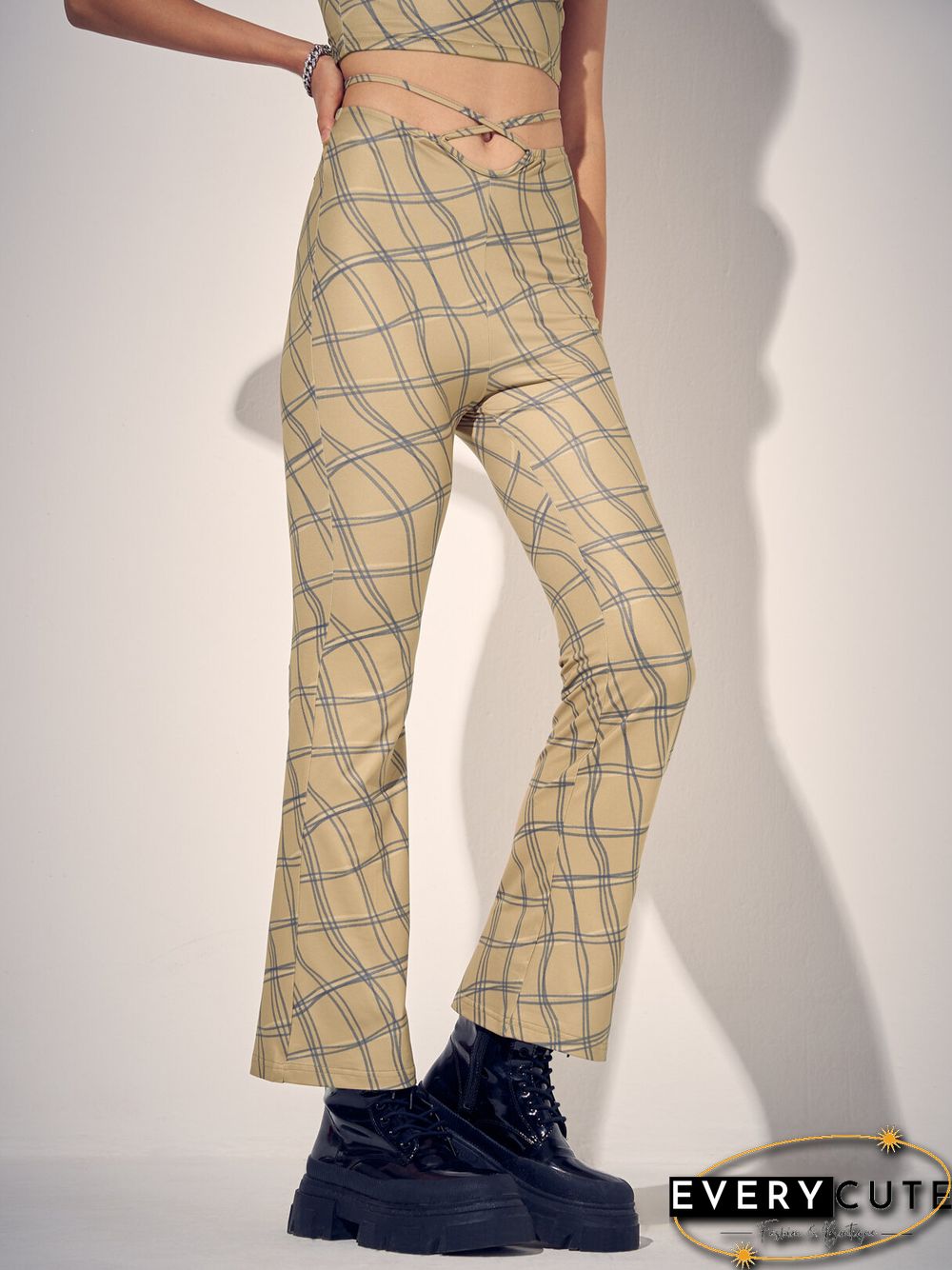 Check Print Tie Waist Hollow Bootcut Leg Pants