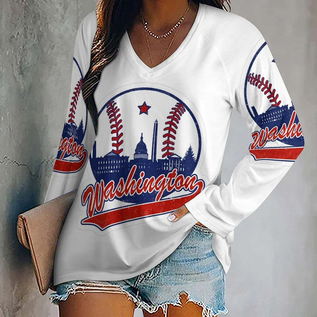 V-neck Long Sleeve Casual T-shirt for  Women and Men Printed with Pattern , Blue, Red